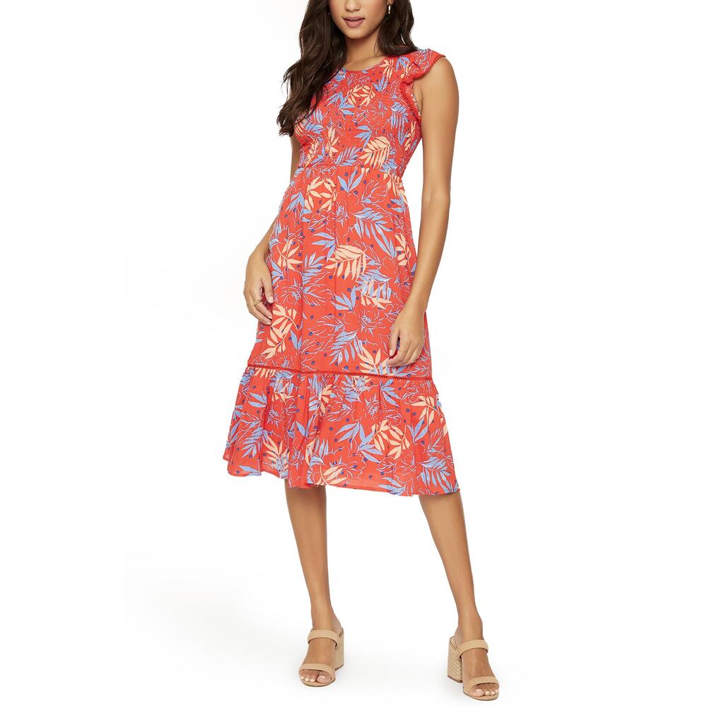 Lost + Wander 'Still'On Vacay' Red Polka Dot Tropical Print Smocked Midi Dress